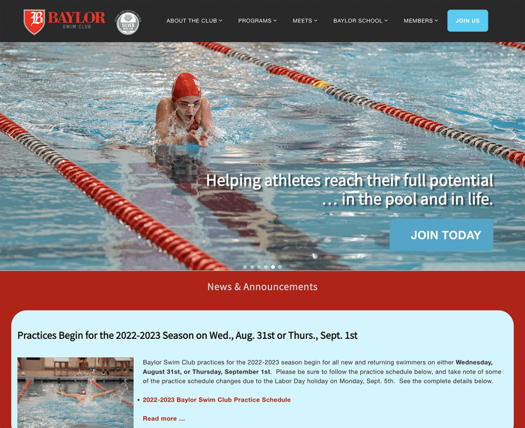 Nonprofit organization website design service for Baylor Swimming