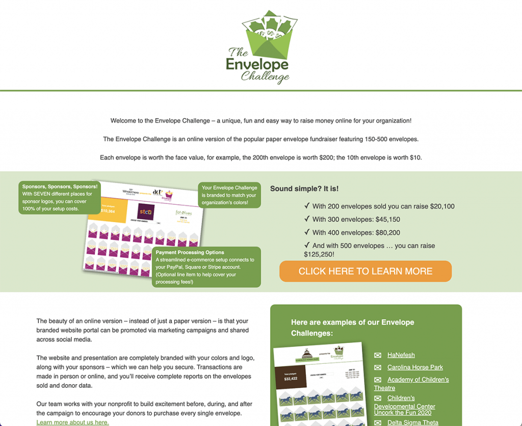 Nonprofit website design and marketing for the Envelope Challenge
