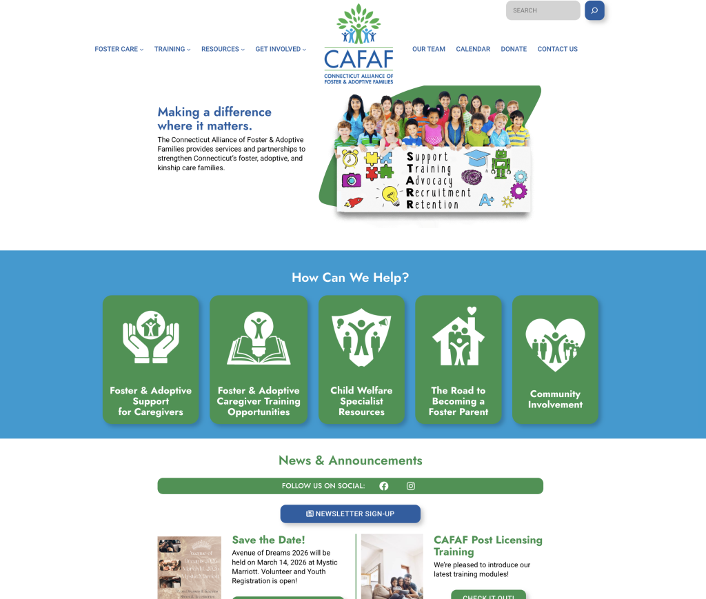 Extensive website development for nonprofit Connecticut Alliance of Foster & Adoptive Families